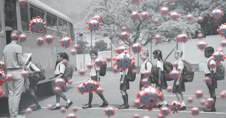 Digital illustration of macro Covid-19 cells floating over multi-ethnic group of kids getting into a...