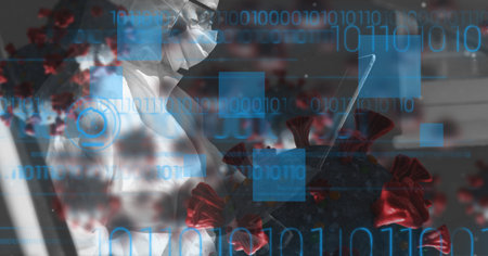 Digital illustration of macro Covid-19 cells, numbers and blue squares floating over a doctor...