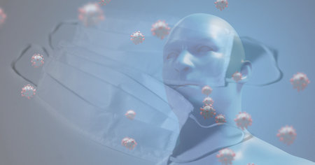 Digital illustration of macro Covid-19 cells floating over a 3D human body model and a face mask....