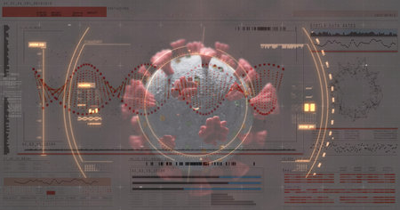 Digital illustration of a macro Covid-19 cell with data, statistics and graphs on grey background. Coronavirus Covid-19 pandemic concept digital compositeの写真素材