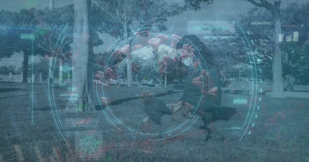 Digital illustration of scope scanning, finding a macro Covid-19 cell over a woman wearing a face...