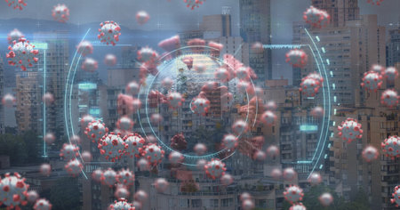 Digital illustration of a scope scanning, macro Covid-19 cells floating over a cityscape....