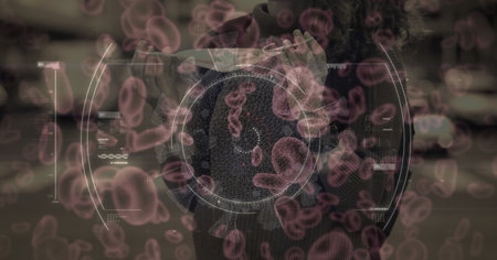 Digital illustration of scope scanning, macro Covid-19 cells floating over a woman using a smartphone. Coronavirus Covid-19 pandemic concept digitally generatedの写真素材
