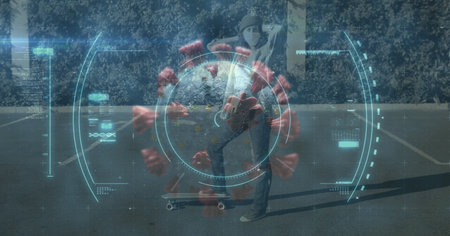 Digital illustration of scope scanning, finding a macro Covid-19 cell over a woman wearing a face...