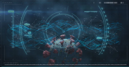 Digital illustration of a macro Covid-19 cell over a web of connection on blue background. Coronavirus Covid-19 pandemic concept digital compositeの写真素材