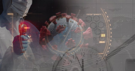 Digital illustration of a macro Covid-19 cell with a clock ticking over a doctor wearing protective...