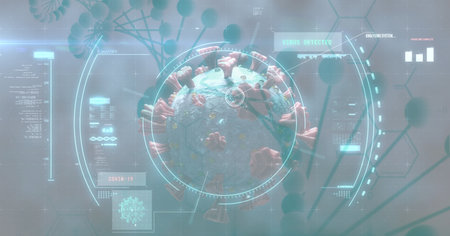 Digital illustration of a macro Covid-19 cell with data and statistics over a blue DNA strain. Coronavirus Covid-19 pandemic concept digital compositeの写真素材