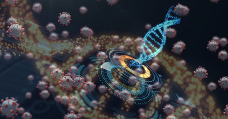 Digital illustration of macro Covid-19 cells floating and blue DNA strain coming out of colourful...