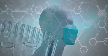 Digital illustration of .test tubes and chemical formula over a 3D human head model wearing a face mask Coronavirus Covid-19 pandemic concept digital compositeの写真素材