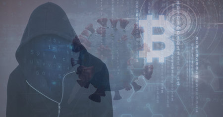 Digital illustration of a macro Covid-19 cell with data processing and Bitcoin icon over a man...