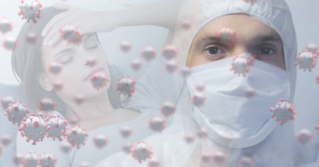 Digital illustration of macro Covid-19 cells floating with a doctor wearing protective clothes over...