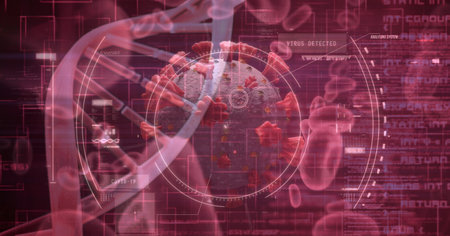 Digital illustration of macro Covid-19 cells floating and a DNA strain over data and statistics. Coronavirus Covid-19 pandemic concept digital compositeの写真素材