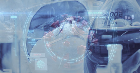 Digital illustration of a scope scanning, finding a macro Covid-19 cell over a scientist wearing protective clothes, holding a test tube. Coronavirus Covid-19 pandemic concept digitally generatedの写真素材