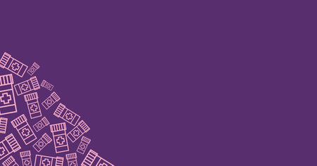 Digital illustration of light purple outlines of pile of bottles with medication on purple...