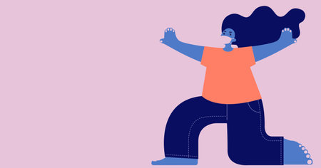 Digital illustration of a person wearing protective face mask on pale pink background. Precautions...