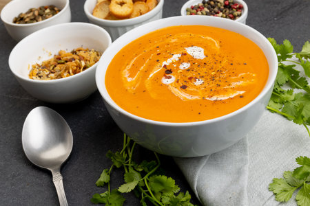 Horizontal image of bowl of tomato soup, with toast, seeds, leaves and peppercorns on slate. Tasty home cooked food and healthy eating.の写真素材