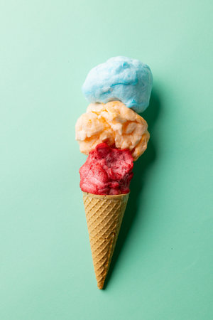 Vertical image of three coloured flavours of ice cream in cone, on blue background with copy space....