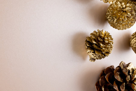 Overhead view of pine cones and copy space on beige background. Thanksgiving, autumn, fall, american tradition and celebration concept.の写真素材