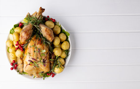 Overhead view of thanksgiving roast turkey with potatoes and copy space on wood. Thanksgiving,...