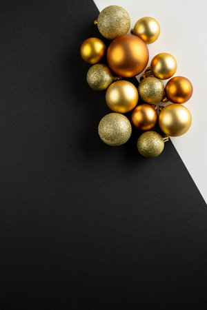Composition of close up of new years baubles on gray background. New year&#39;s eve party, celebration and copy space concept.の写真素材