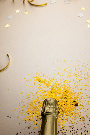 Composition of close up of new years champagne on white background. New year&#39;s eve party, celebration and copy space concept.の写真素材