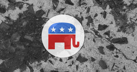 Composition of us republican party elephant design in red and blue with stars on grey cracked earth. us politics and election competition concept design digitally generated image.のeditorial素材