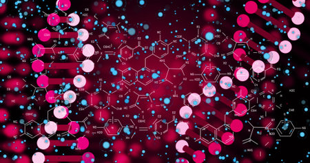 Image of pink 3d dna rotating with molecules and blue particles on digital interface. Digital composite, artificial intelligence, science and technology, healthcare and medicine, connection.の写真素材