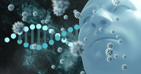 Image of virus cells and dna over human face model and black background. Science, human biology and health concept digitally generated image.の写真素材