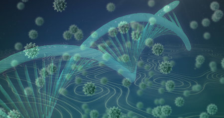 Image of coronavirus moving around dna rotating on digital interface. Digital composite, pandemic,...