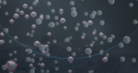 Image of virus cells over globes. Global health, medicine and covid 19 pandemic concept digitally...