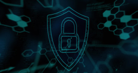 Image of green dot padlock symbol, with information and data processing on black. global research...