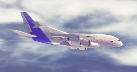 Image of digital plane over sky with clouds. Global transport, travel and digital interface concept...