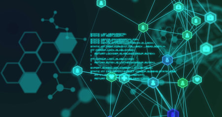 Image of brain and research data processing with network of connected icons, on black. global...