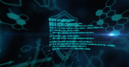 Image of green dot padlock symbol, with information and data processing on black. global research technology, digital data and security concept, digitally generated image.の写真素材