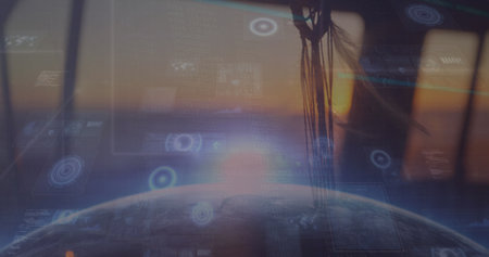 Composite image of data processing against caucasian girl holding digital tablet at home. Global business data processing finance crisis and recession concept digitally generated image.の写真素材