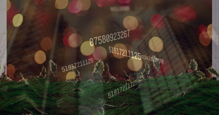 Image of data processing over leaves. Global business and digital interface concept digitally generated image.の写真素材