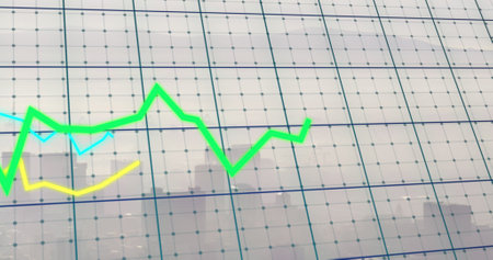 Image of financial data processing over green background. Global business digital interface technology and networking concept digitally generated image.の写真素材