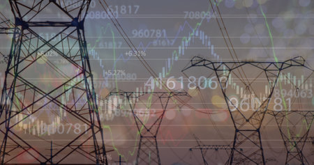 Image of financial data processing over clouds and sky. Global business digital interface technology...