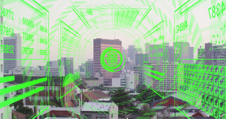 Image of blue glowing bauble over purple cityscape. Global business finances and data processing...