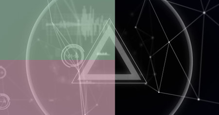 Image of network of connections with data processing and shapes on black background. Abstract...