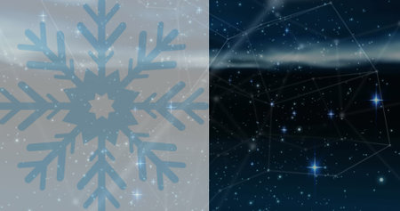 Image of network of connections and light spots with snowflake on black background. Abstract background, light and movement concept digitally generated image.の写真素材