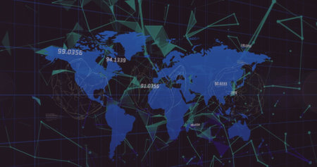 Image of light trails over network of connections with data processing and world map. Global technology, online security and digital interface concept digitally generated image.の写真素材