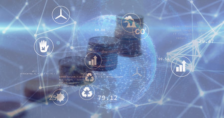 Image of data processing over coins and ecology icons. Global business, finances and digital interface concept digitally generated image.の写真素材