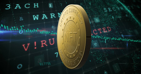 Image of data processing over nft coin. Global business, finances and digital interface concept digitally generated image.の写真素材
