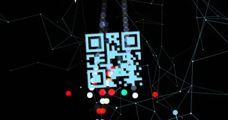 Image of media icons and qr code over spots. Global business, finances and digital interface concept digitally generated image.の写真素材