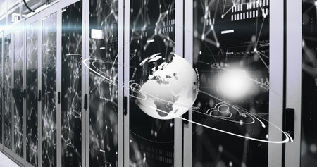 Image of shapes and globe over server room. Global business, finances and digital interface concept...