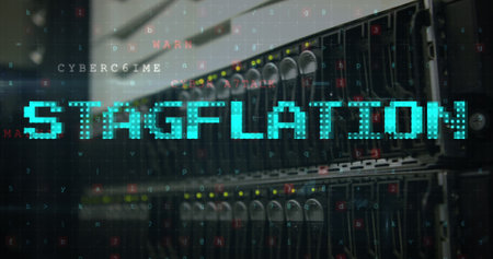 Image of data processing and stagflation text over server room. Global business, finances and...