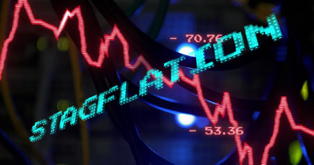 Image of data processing and stagflation text over server room. Global business, finances and digital interface concept digitally generated image.の写真素材