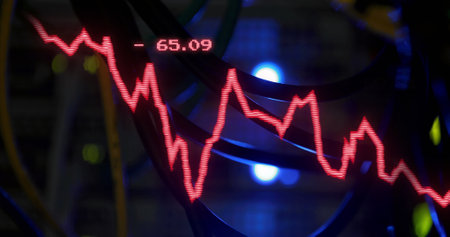 Image of data processing and stagflation text over server room. Global business, finances and...