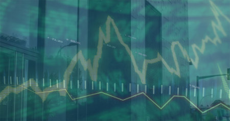 Image of data processing over buildings. Global business, finances and digital interface concept digitally generated image.の写真素材
